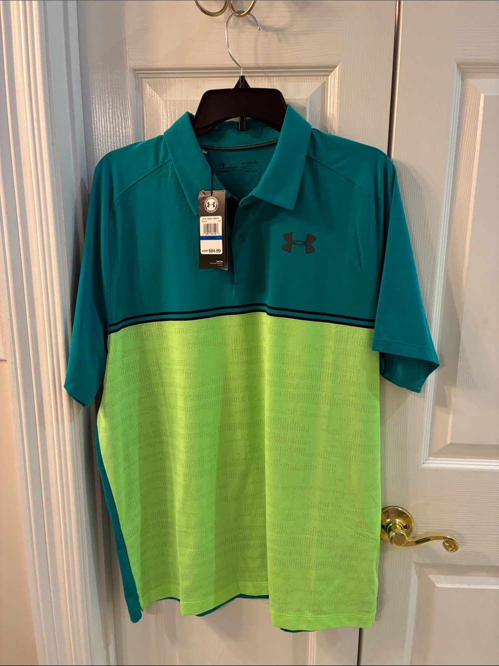 NWT Under Armour Heat Gear Men's Teal and Neon Green Colorblock Polo Shirt SZ XL